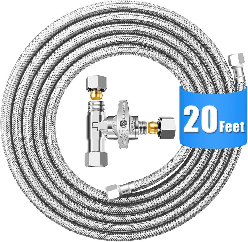 HAO CHEN Fridge Water Line Kit - 20FT Premium Stainless Steel Braided Refrigerator Water Line with Tee Stop Valve,Foodgrade PEX Inner Tube Ice Maker Water Line with 1/4" Fittings for Refrigerator Ice Maker - Image 1